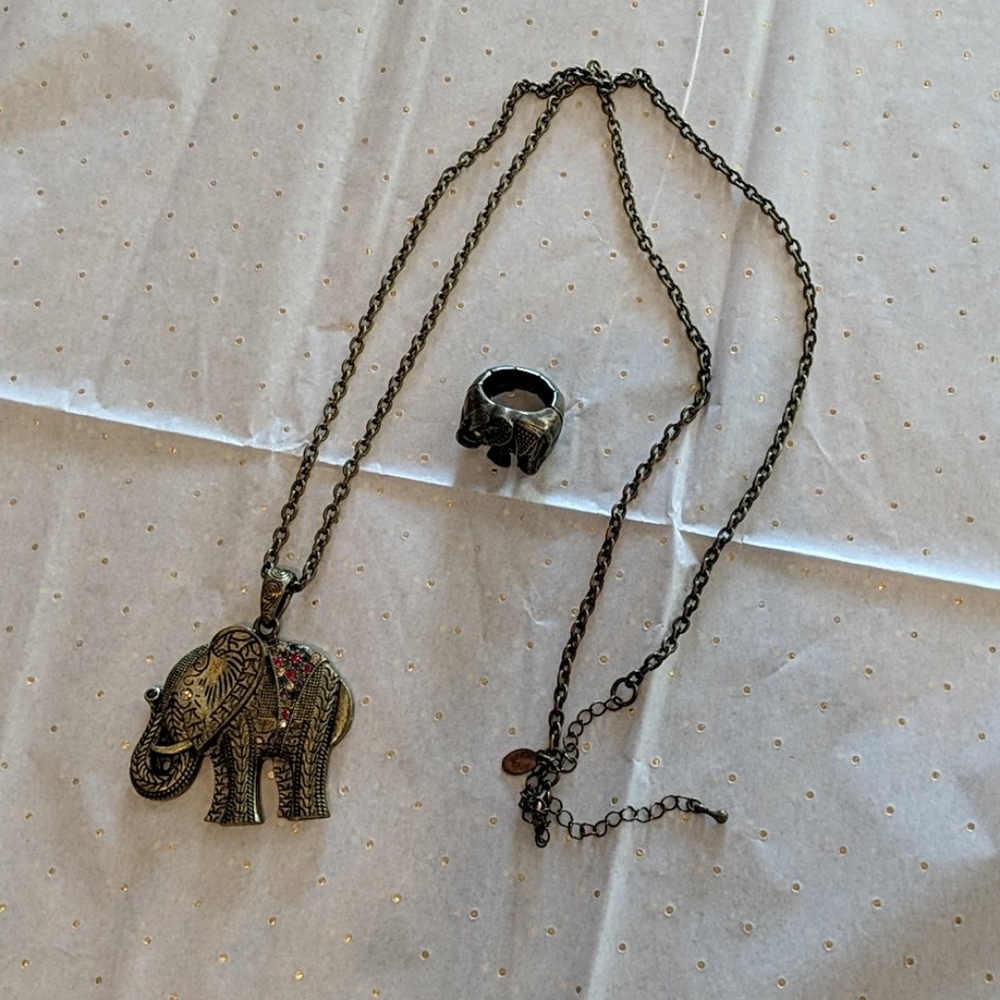 Elephant Necklace and Stretchy Ring Set